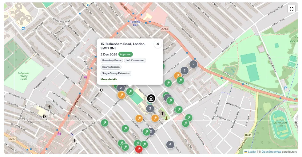 Planning applications map around a London property, showing nearby applications with status markers and a detail popup listing application type and approval status.